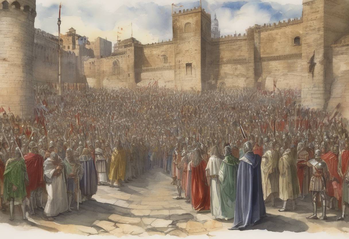 Watercolor painting based depiction of The Seventeenth Council of Toledo convened, marking a significant event in the history of the Visigothic Kingdom in Hispania. This council was notable for its political and religious implications, as it dealt with issues such as the rights of kings and the treatment of Jews. (694)