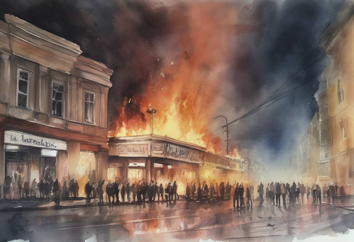 Watercolor painting based depiction of A nightclub fire in Bucharest, Romania, killed 64 people and injured 147, leading to nationwide protests against corruption and poor safety standards. (2015)