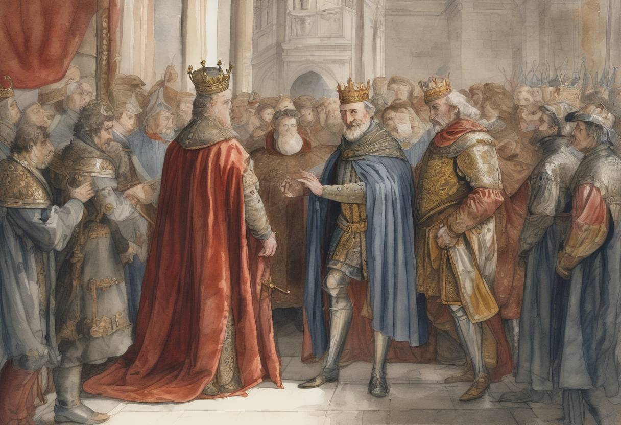 Watercolor painting based depiction of Henry Bolingbroke is proclaimed King Henry IV of England, marking the beginning of the Lancastrian dynasty. (1399)
