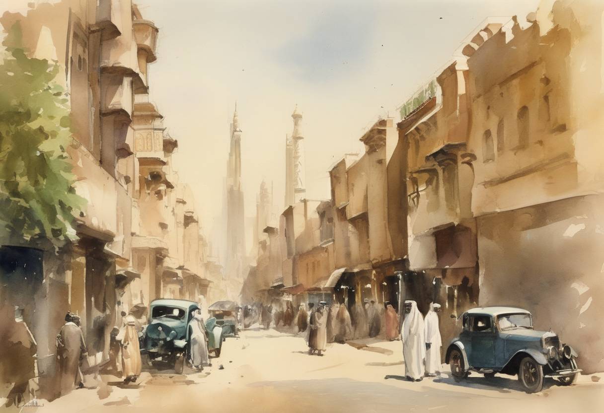 Watercolor painting based depiction of The Kingdom of Saudi Arabia was unified by King Abdulaziz Ibn Saud, marking the establishment of the modern state. (1932)