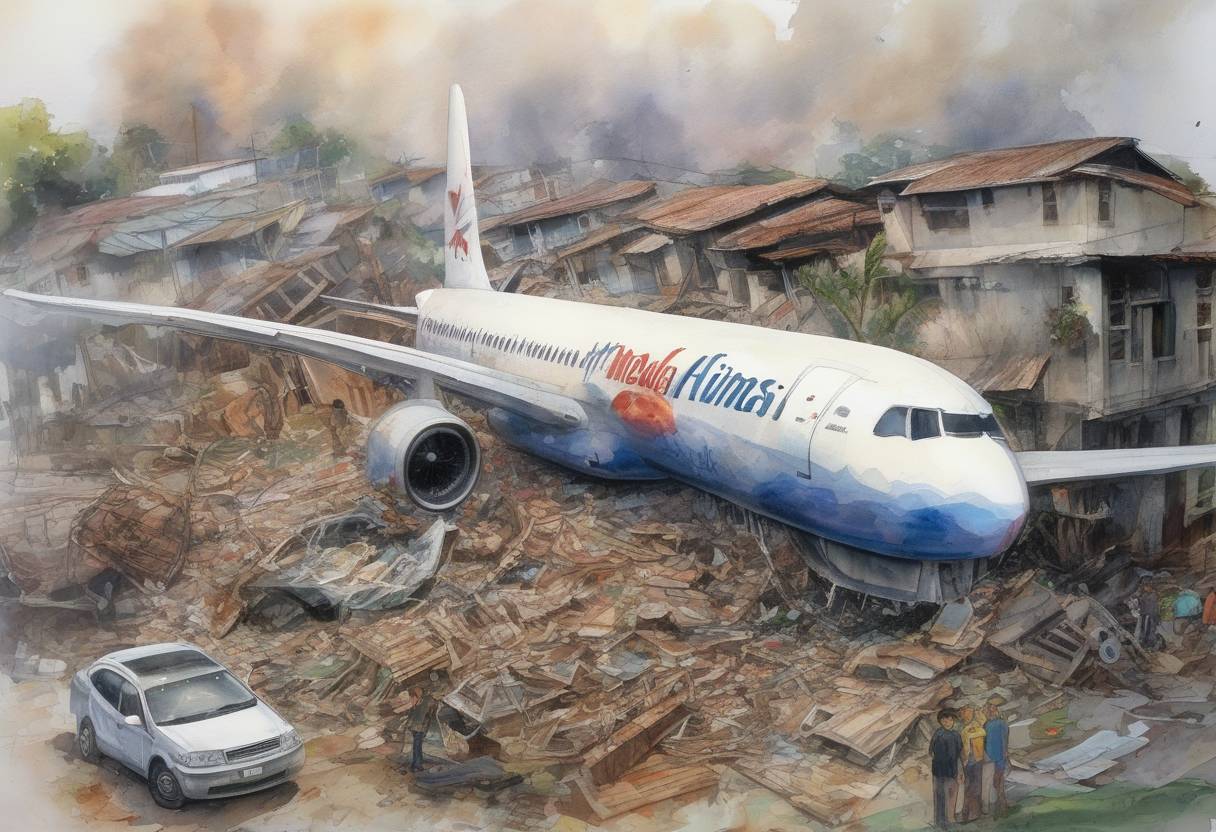 Watercolor painting based depiction of Mandala Airlines Flight 091 crashes in a residential area of Medan, Indonesia, shortly after takeoff, killing 149 people. (2005)