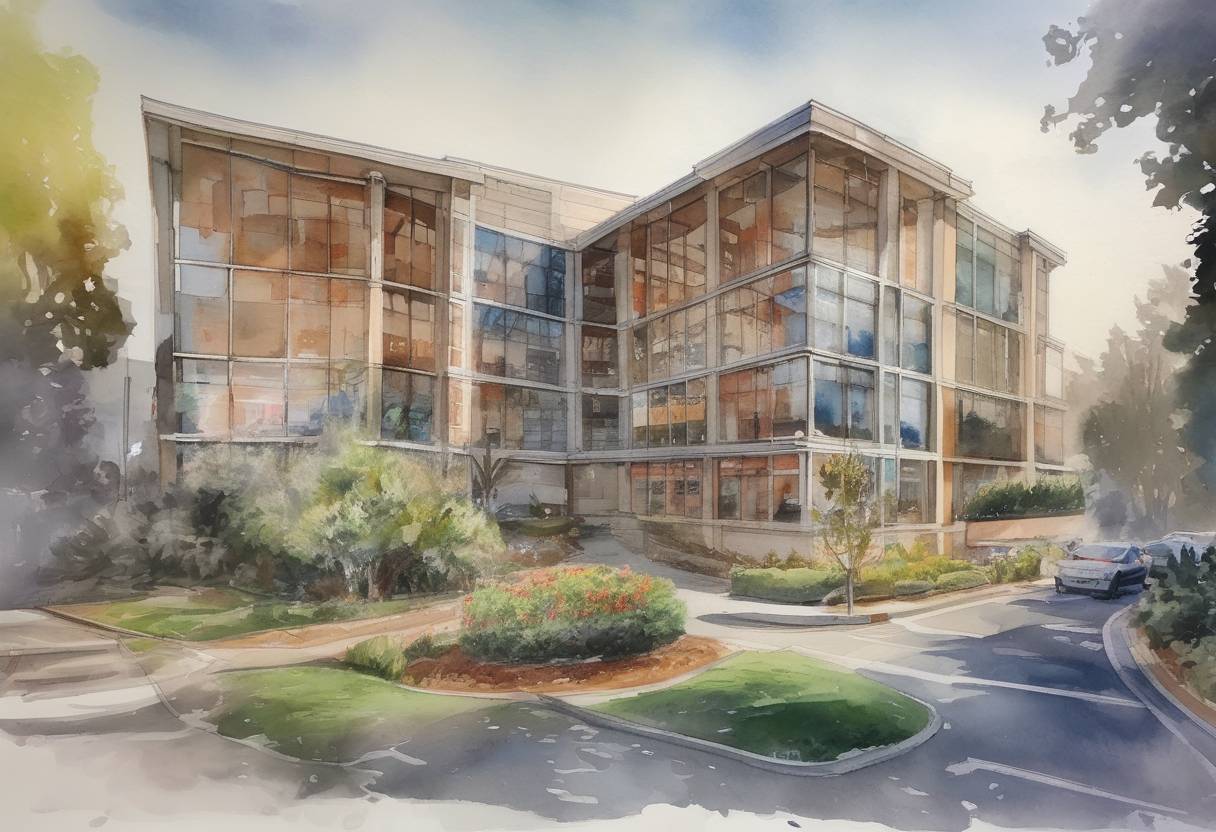 Watercolor painting based depiction of The YouTube headquarters in San Bruno, California, was attacked by a shooter who wounded three people before taking her own life. (2018)