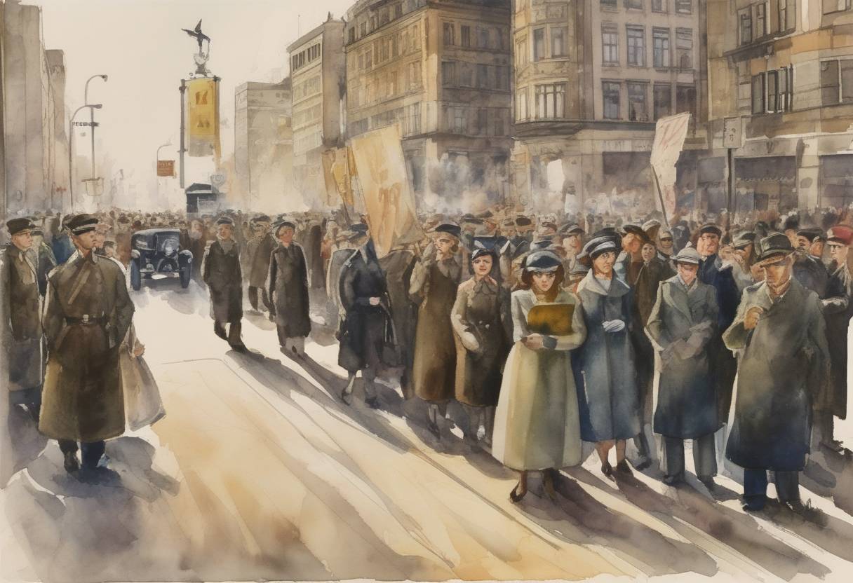 Watercolor painting based depiction of The Rosenstrasse protest begins in Berlin, where non-Jewish wives of Jewish men protest against their husbands' arrest by the Gestapo. (1943)