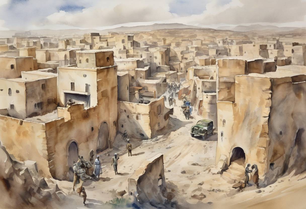 Watercolor painting based depiction of Italy invaded British Somaliland during World War II, as part of the East African Campaign. This was part of Italy's efforts to expand its colonial empire in Africa. (1940)