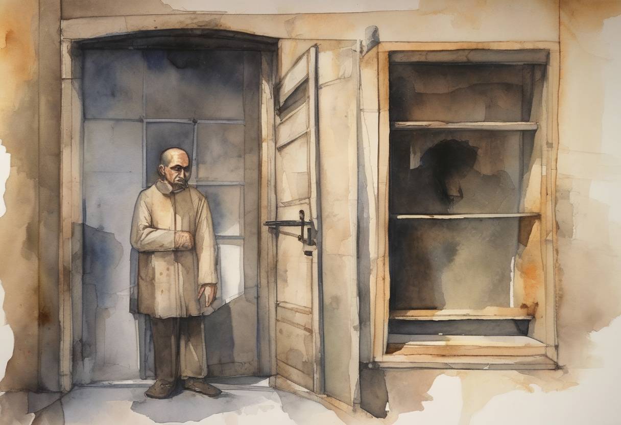 Watercolor painting based depiction of Hamida Djandoubi, a Tunisian immigrant convicted of murder, became the last person to be executed by guillotine in France. (1977)