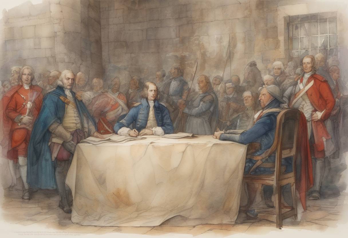 Watercolor painting based depiction of The Declaration of Arbroath, a declaration of Scottish independence, was signed by Scottish nobles. (1320)