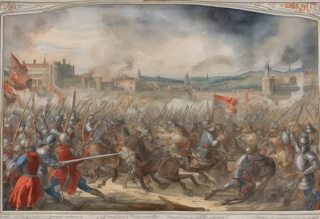 Watercolor painting based depiction of Battle of Ivry: Henry IV of France defeats the forces of the Catholic League under the Duke of Mayenne during the French Wars of Religion. (1590)