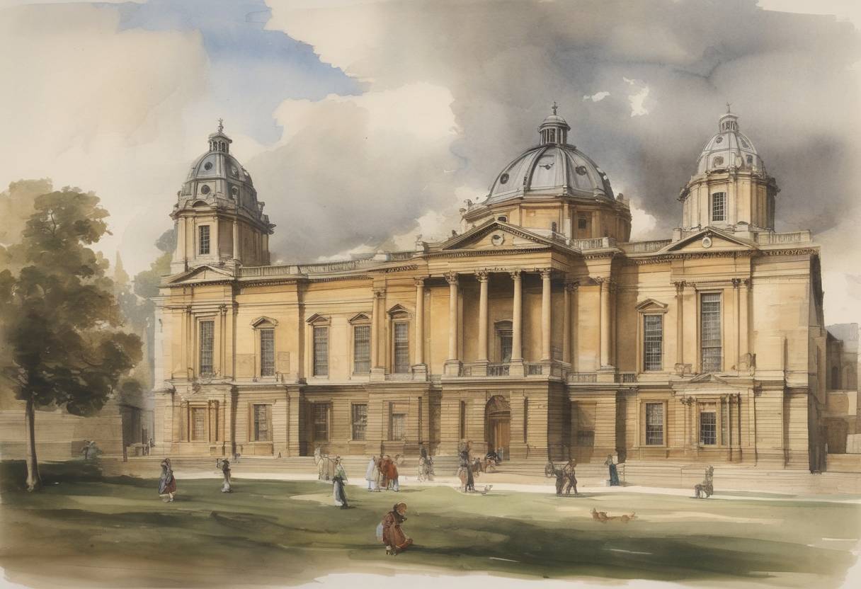 Watercolor painting based depiction of The Ashmolean Museum in Oxford, England, opened as the world's first university museum. (1683)