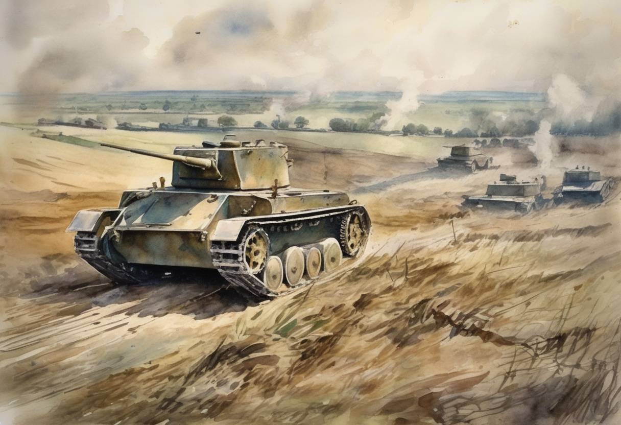 Watercolor painting based depiction of The first use of tanks in warfare occurred during the Battle of the Somme in World War I, marking a significant development in military technology. (1916)