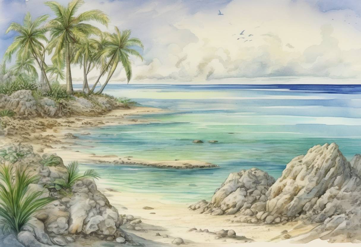 Watercolor painting based depiction of Kiritimati, also known as Christmas Island, was discovered by Captain James Cook. It is the largest coral atoll in the world and was named for the day of its discovery. (1777)