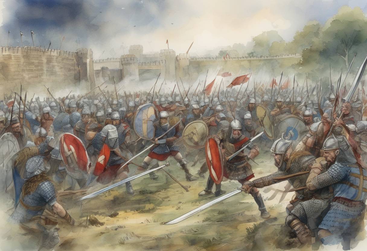 Watercolor painting based depiction of The Battle of Stamford Bridge took place, where King Harold II of England defeated the invading forces of King Harald Hardrada of Norway, marking the end of the Viking Age in England. (1066)