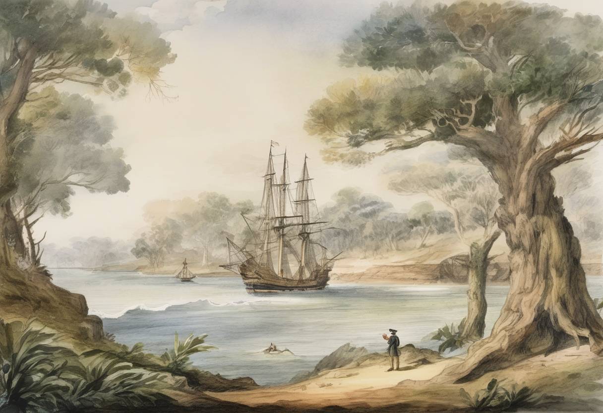 Watercolor painting based depiction of British explorer James Cook makes his first recorded European contact with the eastern coastline of Australia. (1770)