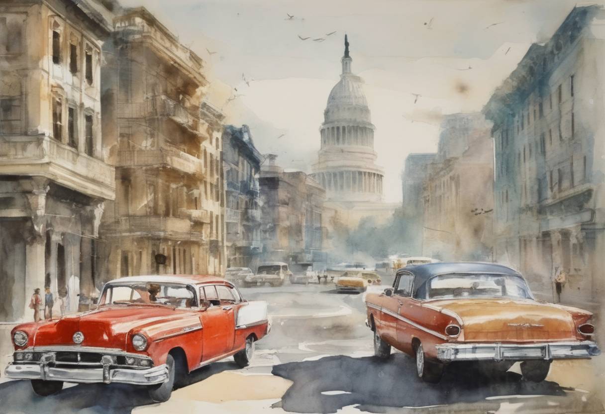 Watercolor painting based depiction of The United States imposed a full embargo on Cuba, prohibiting all trade between the two countries, in response to Cuba's alignment with the Soviet Union during the Cold War. (1962)