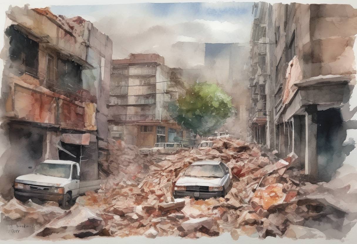 Watercolor painting based depiction of A powerful earthquake with a magnitude of 7.1 struck central Mexico, causing widespread damage and resulting in the deaths of over 350 people. The earthquake occurred on the anniversary of the devastating 1985 Mexico City earthquake. (2017)