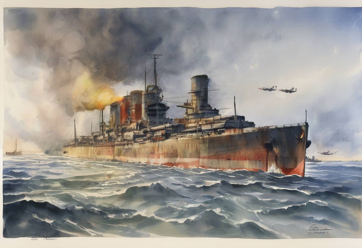 Watercolor painting based depiction of The RMS Lancastria is sunk by German bombers near Saint-Nazaire, France, during World War II, resulting in the loss of thousands of lives. (1940)