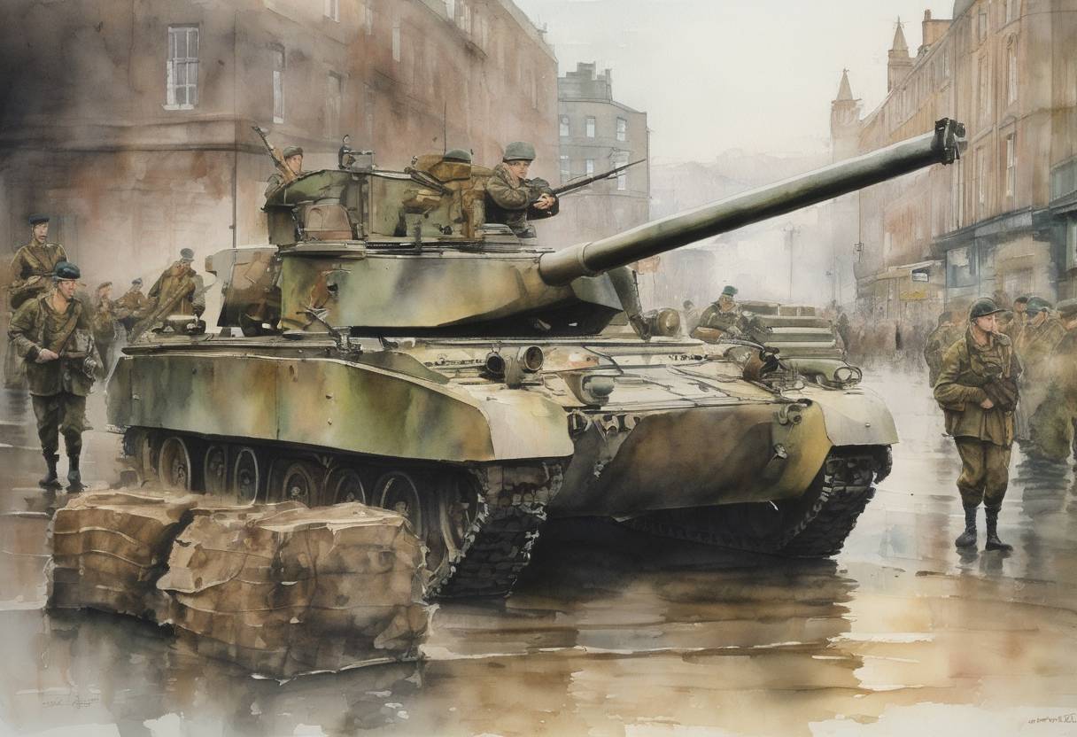 Watercolor painting based depiction of Operation Banner, the British Army's longest continuous operation, officially ends in Northern Ireland after 38 years. (2007)