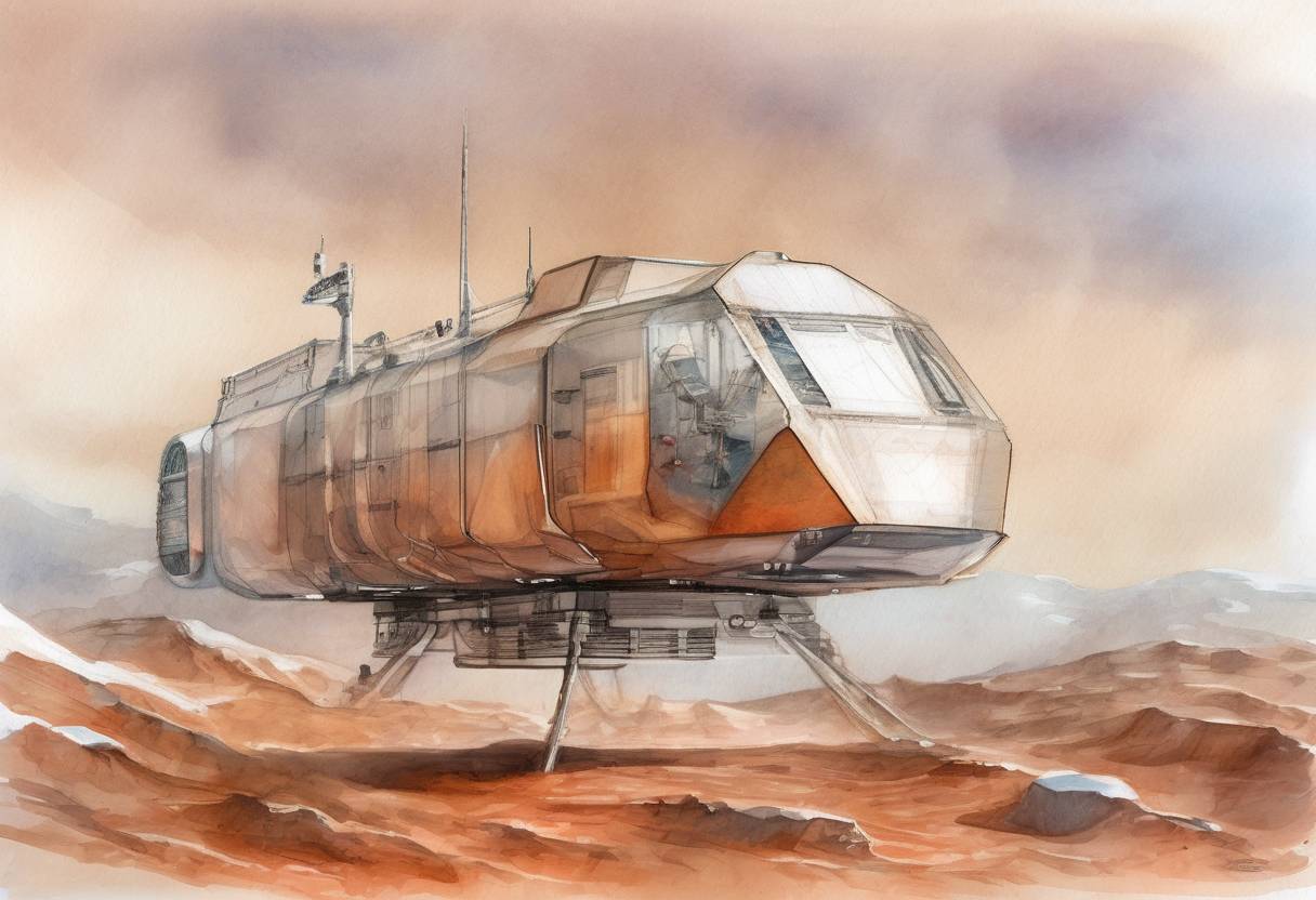 Watercolor painting based depiction of The European Space Agency's Mars Express spacecraft discovers a large amount of water ice beneath the surface of Mars. (2011)