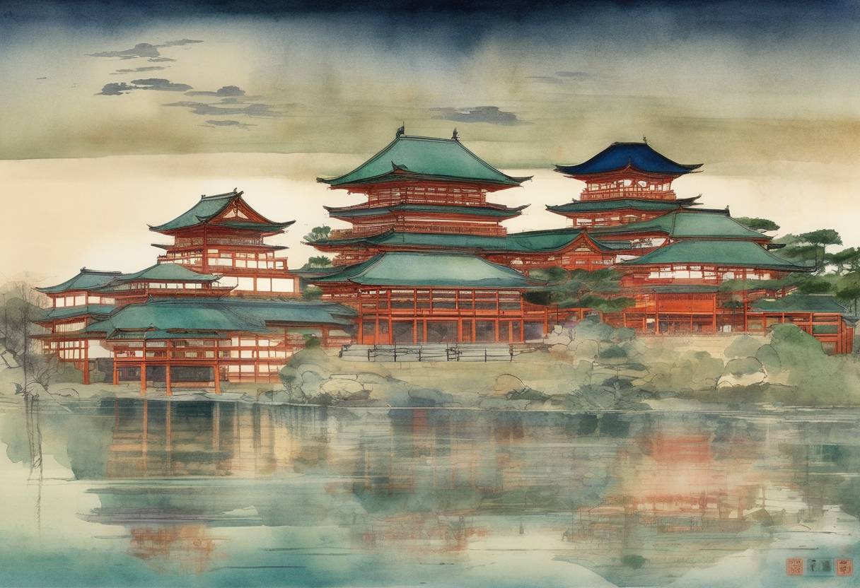 Watercolor painting based depiction of Emperor Kanmu moved the Japanese capital to Heian-kyō (present-day Kyoto), marking the beginning of the Heian period, which lasted until 1185. (794)