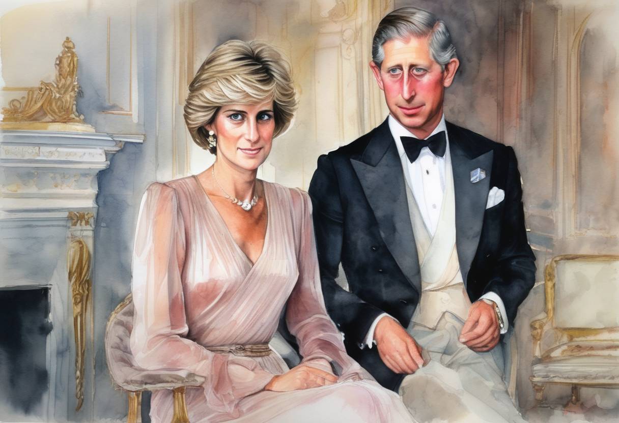 Watercolor painting based depiction of Charles, Prince of Wales, and Diana, Princess of Wales, finalized their divorce, officially ending their marriage. (1996)