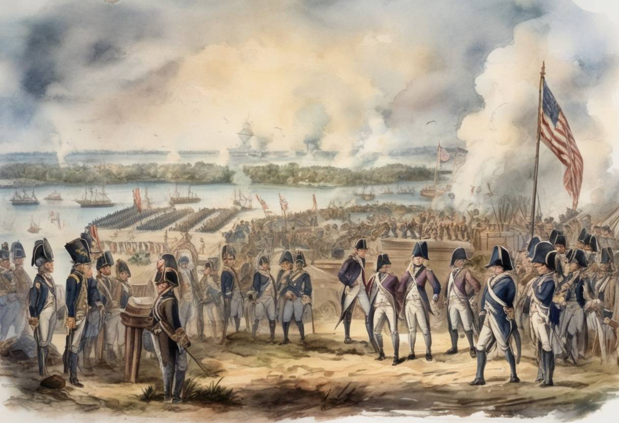Watercolor painting based depiction of The Siege of Yorktown ends with the British Army's surrender to American and French forces, effectively ending the American Revolutionary War. (1781)