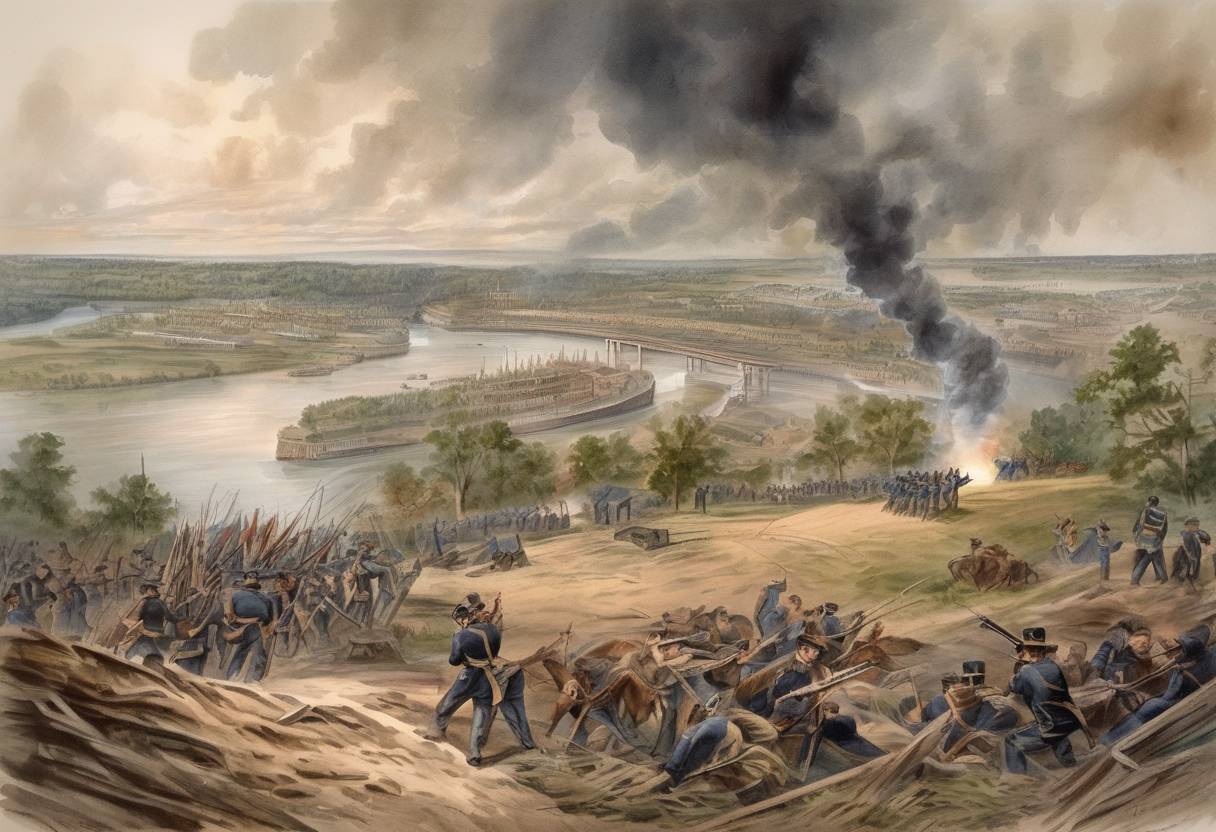 Watercolor painting based depiction of The Siege of Vicksburg ends with a Union victory, a turning point in the American Civil War. (1863)