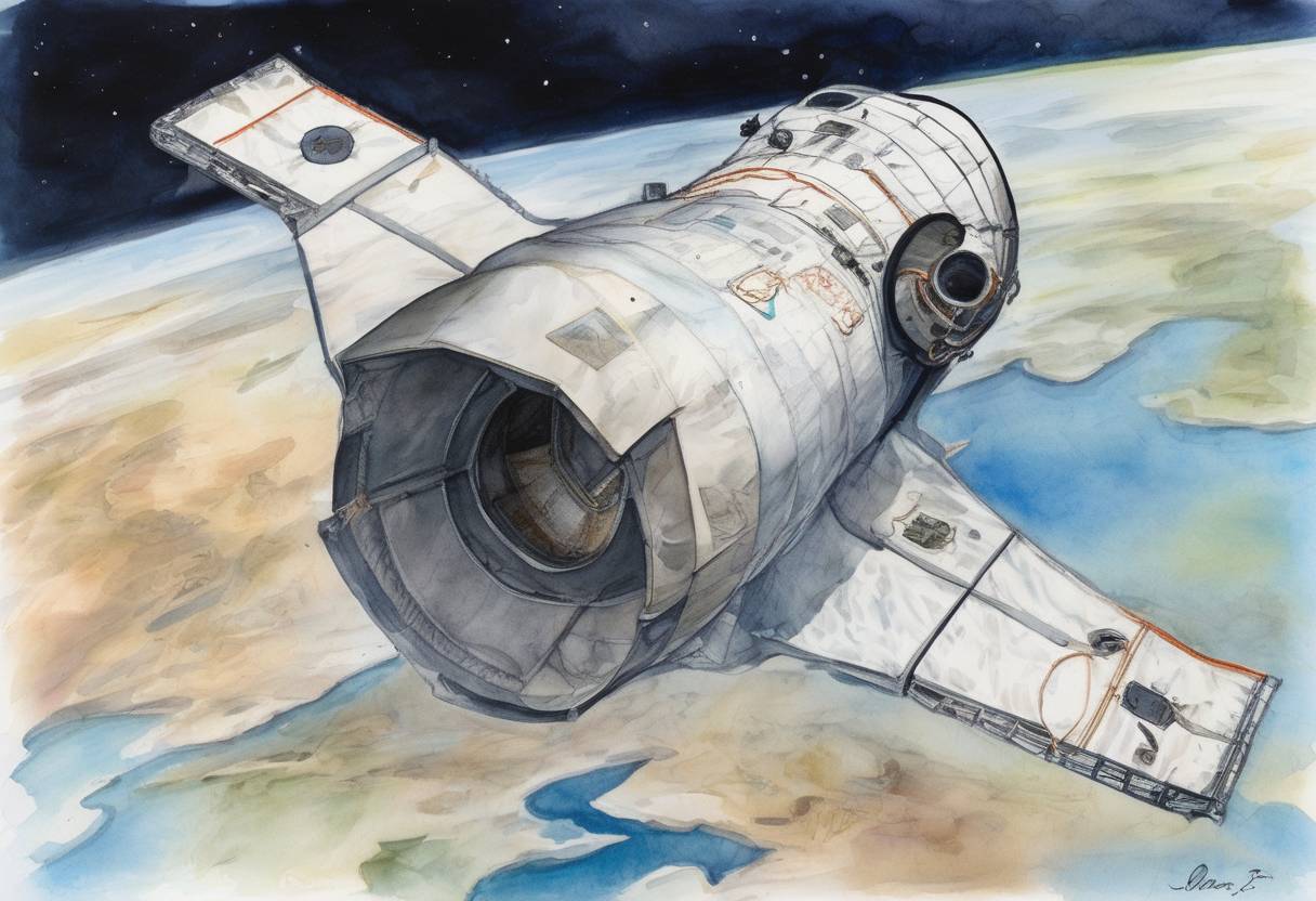 Watercolor painting based depiction of SpaceX's Dragon spacecraft became the first commercial spacecraft to be successfully recovered from orbit, marking a milestone in private space exploration. (2010)