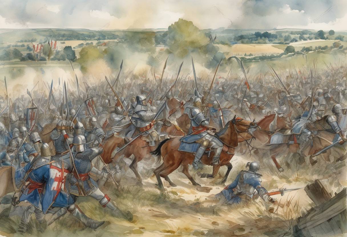 Watercolor painting based depiction of The Battle of Crécy took place during the Hundred Years' War, where English forces under King Edward III defeated a much larger French army. (1346)