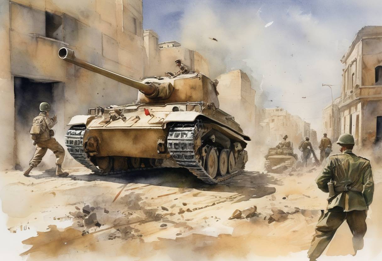 Watercolor painting based depiction of World War II: British forces capture Tripoli from the German-Italian Panzer Army. (1943)
