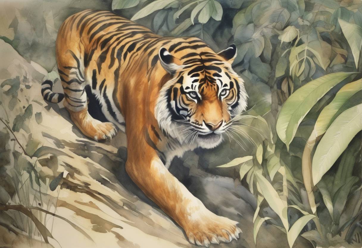 Watercolor painting based depiction of The last Bali tiger is shot, marking the extinction of the species. (1937)