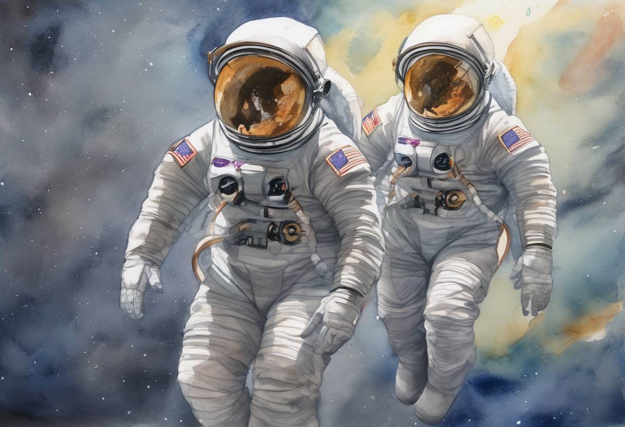 Watercolor painting based depiction of NASA canceled the first all-female spacewalk due to a lack of available spacesuits in the correct size, sparking discussions on gender equality in space exploration. (2019)