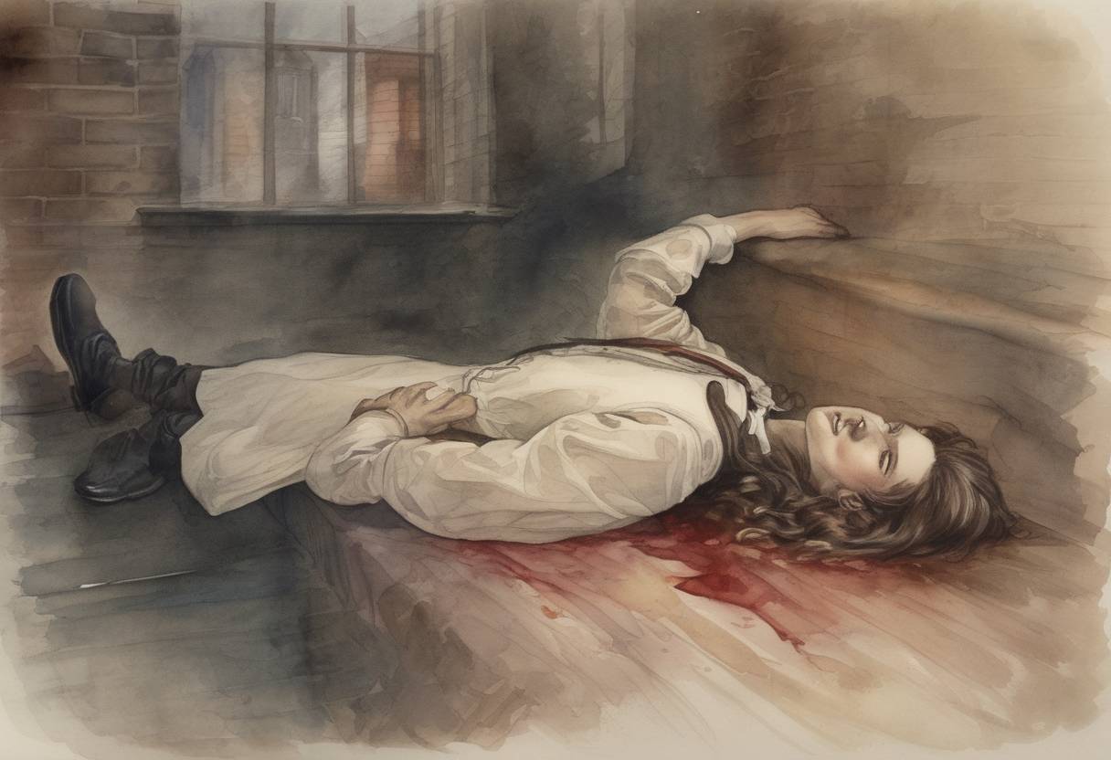 Watercolor painting based depiction of Mary Ann Nichols is murdered, the first of Jack the Ripper's confirmed victims. (1888)