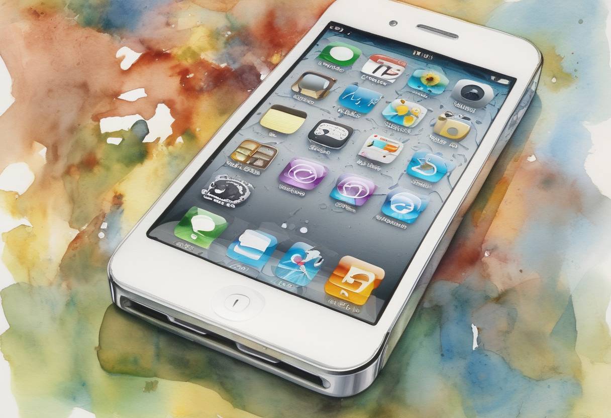 Watercolor painting based depiction of Apple Inc. announces the iPhone 4S, featuring the introduction of Siri, a voice-activated personal assistant. (2011)