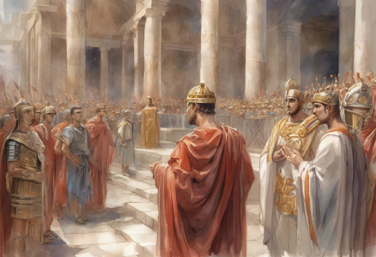 Watercolor painting based depiction of Roman Emperor Valentinian I is proclaimed Augustus, marking the beginning of his reign. He would later co-rule with his brother Valens, overseeing the Western Roman Empire. (364)