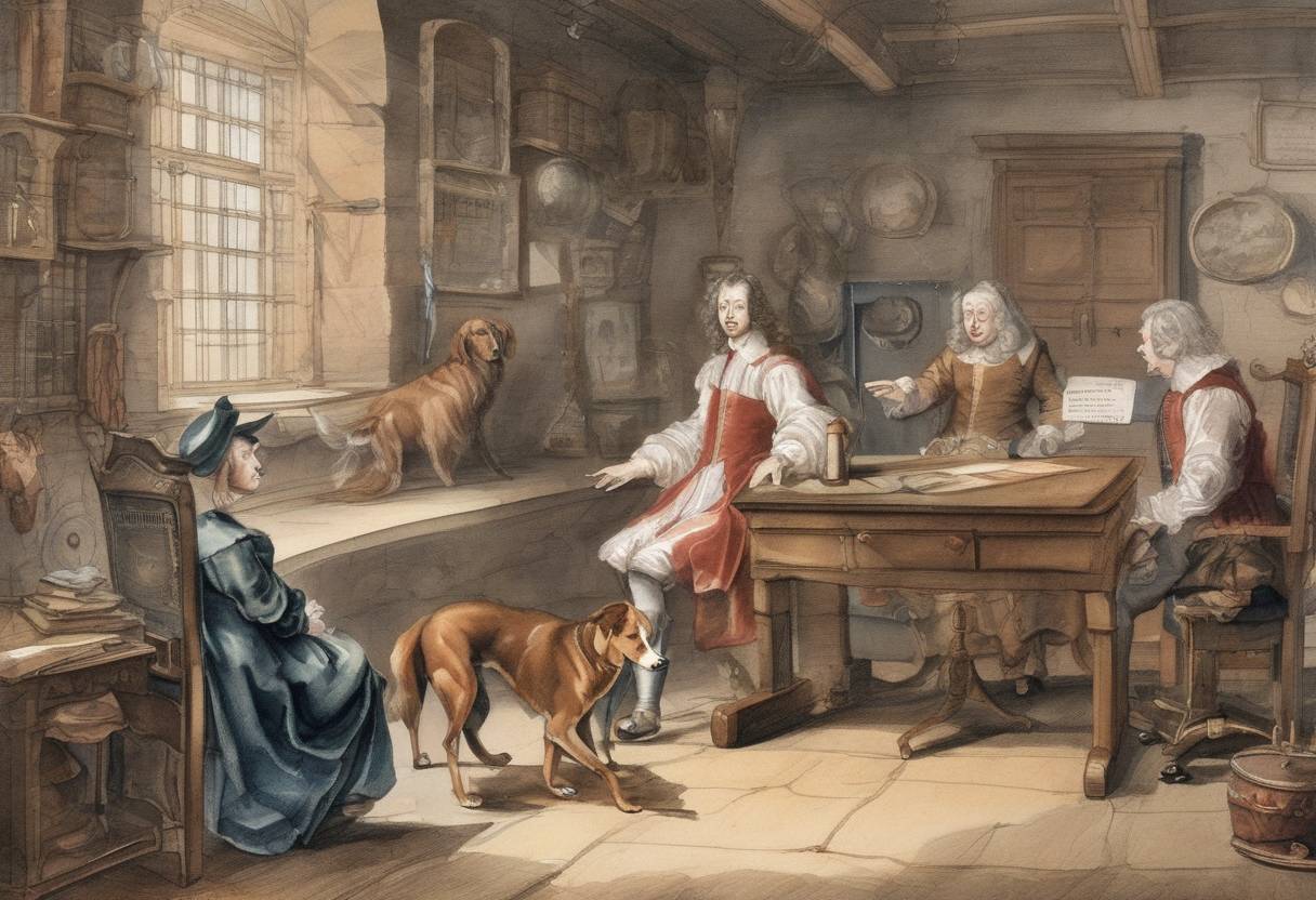 Watercolor painting based depiction of Samuel Pepys reports on the first blood transfusion performed on a dog by Richard Lower in England. (1666)