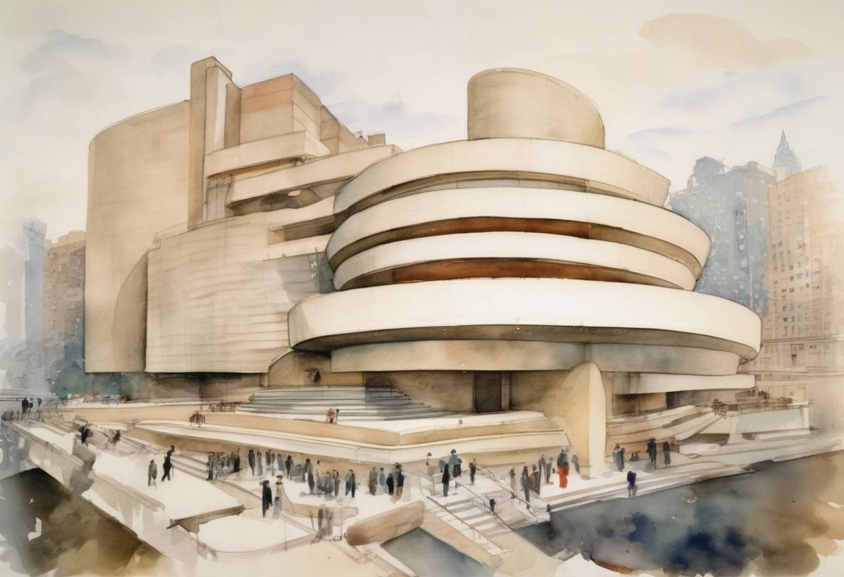 Watercolor painting based depiction of The Solomon R. Guggenheim Museum, designed by Frank Lloyd Wright, opened to the public in New York City. (1959)
