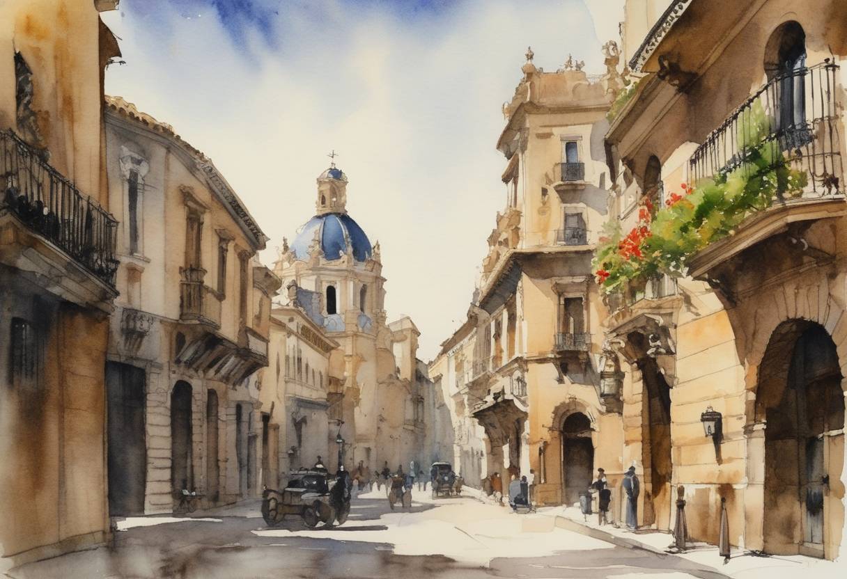 Watercolor painting based depiction of The city of Valencia, in present-day Spain, was formally surrendered to the Christian forces led by King James I of Aragon during the Reconquista, marking a significant step in the Christian reclamation of Iberian territories from Muslim rule. (1238)