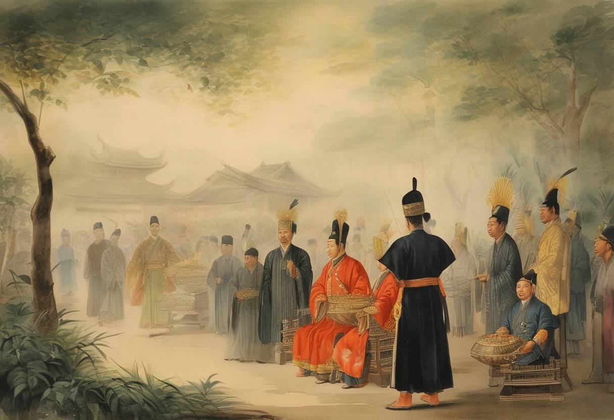 Watercolor painting based depiction of Nguyễn Huệ proclaims himself Emperor Quang Trung of Vietnam. (1788)