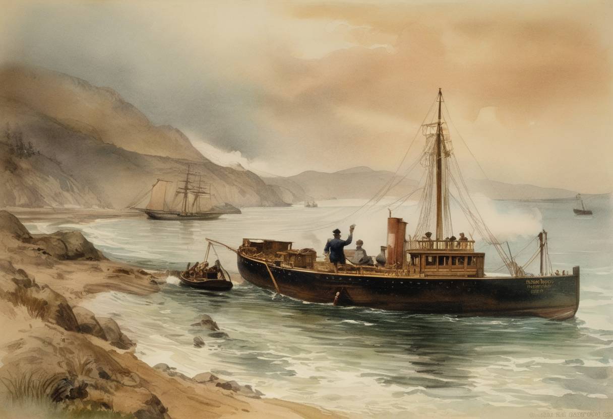 Watercolor painting based depiction of The first issue of The (San Francisco) Call newspaper was published. (1893)