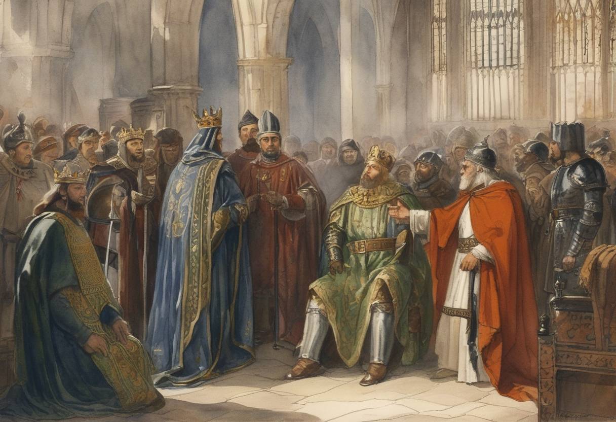 Watercolor painting based depiction of Edward the Confessor orders the arrest of Earl Godwin for refusing to obey royal orders, which eventually leads to Godwin's exile from England. (1052)
