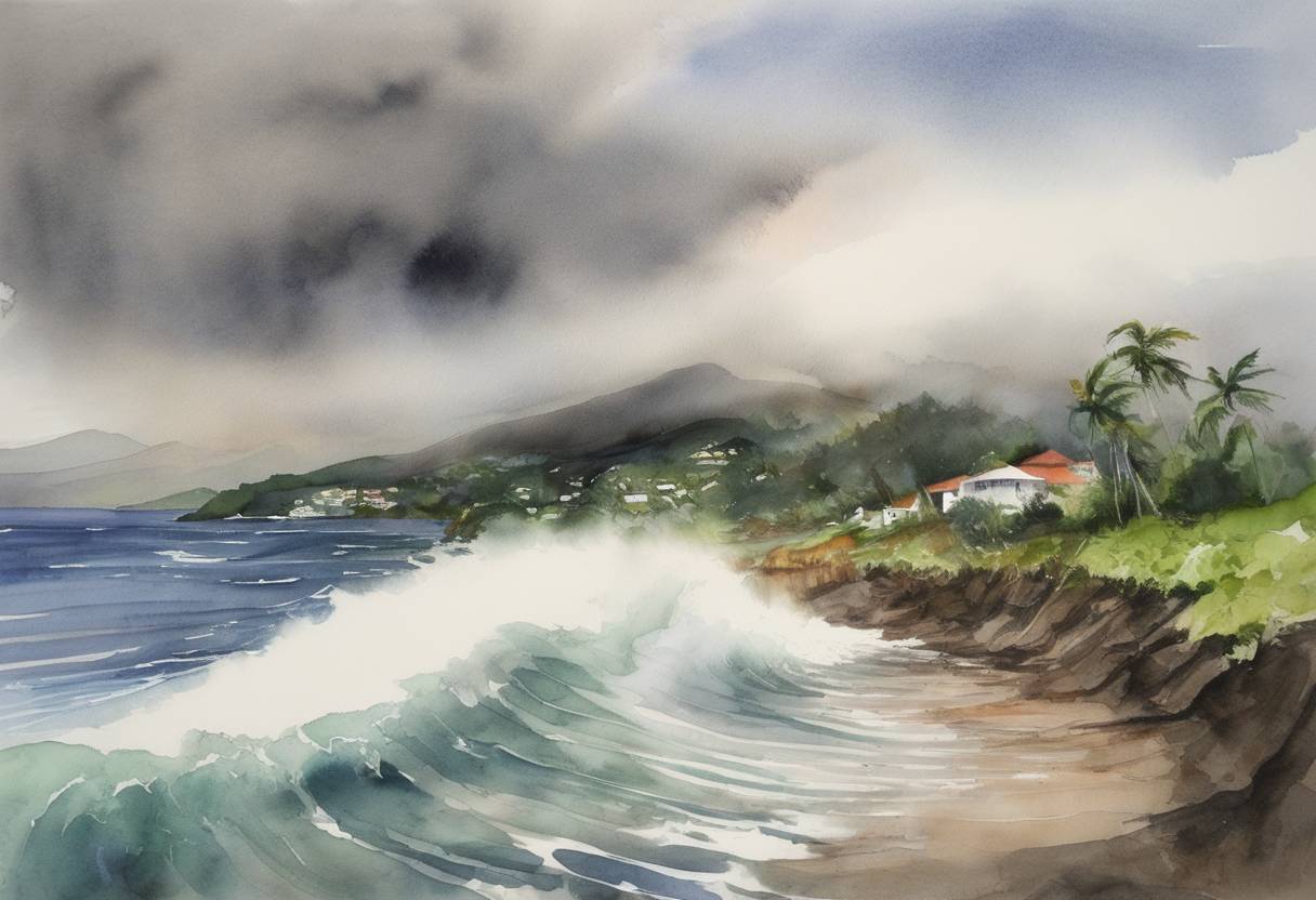 Watercolor painting based depiction of Hurricane Ivan makes landfall on Grenada as a Category 3 hurricane, causing significant damage across the island. (2004)