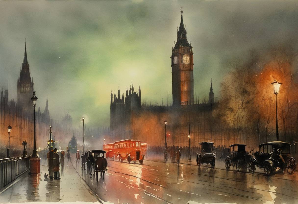 Watercolor painting based depiction of The first traffic lights were installed outside the Houses of Parliament in London. The lights resembled railway signals with semaphore arms and were illuminated at night by red and green gas lamps. (1868)