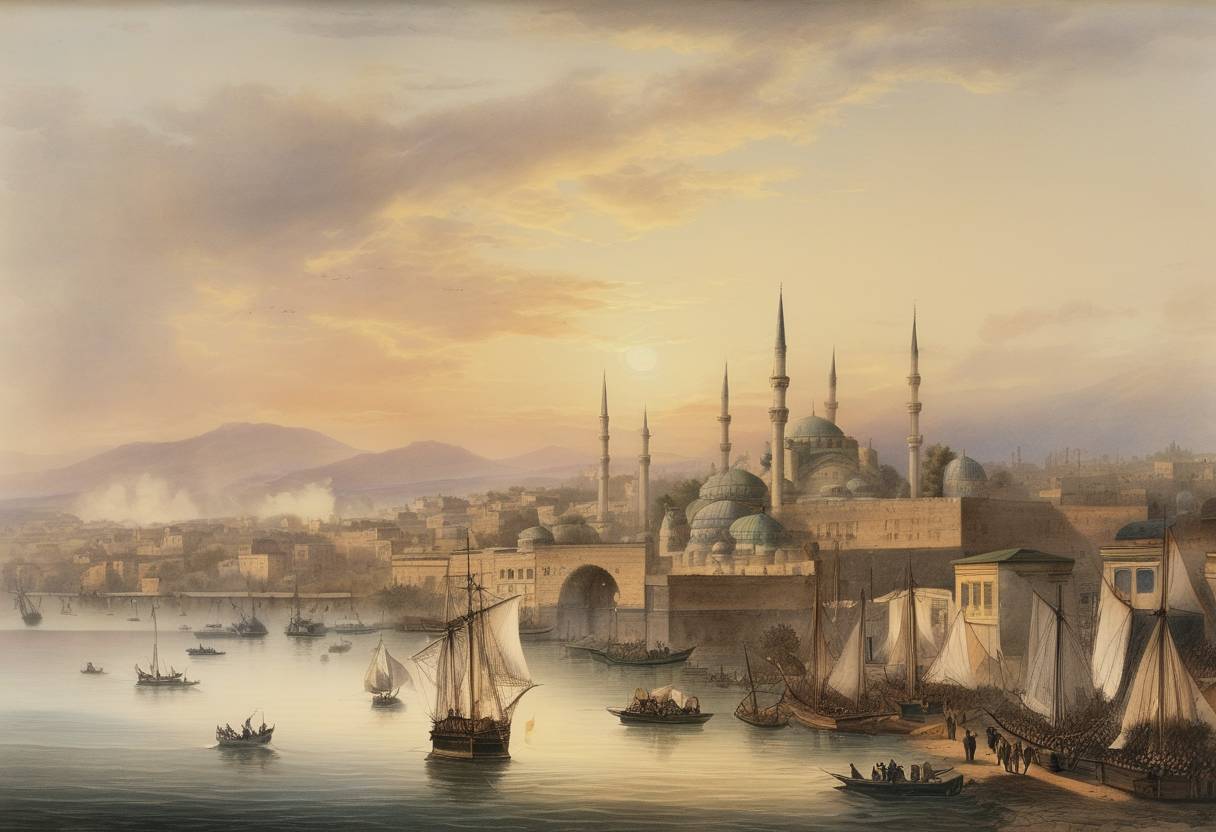 Watercolor painting based depiction of The Crimean War began, marked by the declaration of war on Russia by the Ottoman Empire, following disputes over holy sites in Palestine and Russian expansionism. (1853)