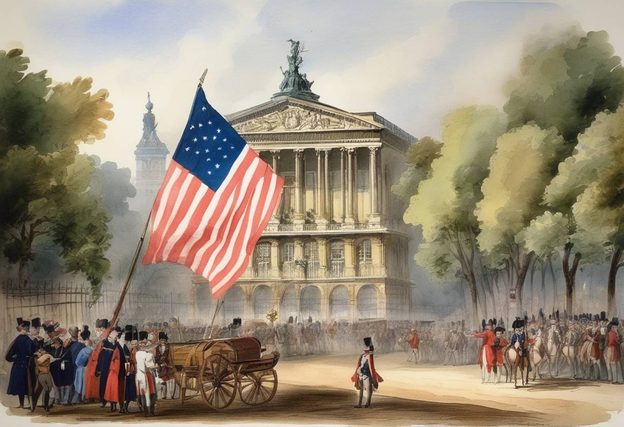 Watercolor painting based depiction of France recognizes the independence of the United States of America. (1777)