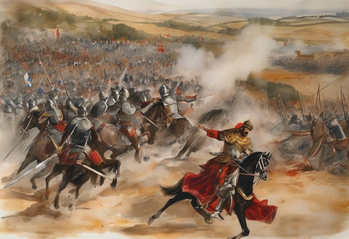 Watercolor painting based depiction of The Battle of Ourique took place during which Afonso I of Portugal defeated Moorish forces, leading to his proclamation as King of Portugal and the affirmation of Portugal's independence. (1139)