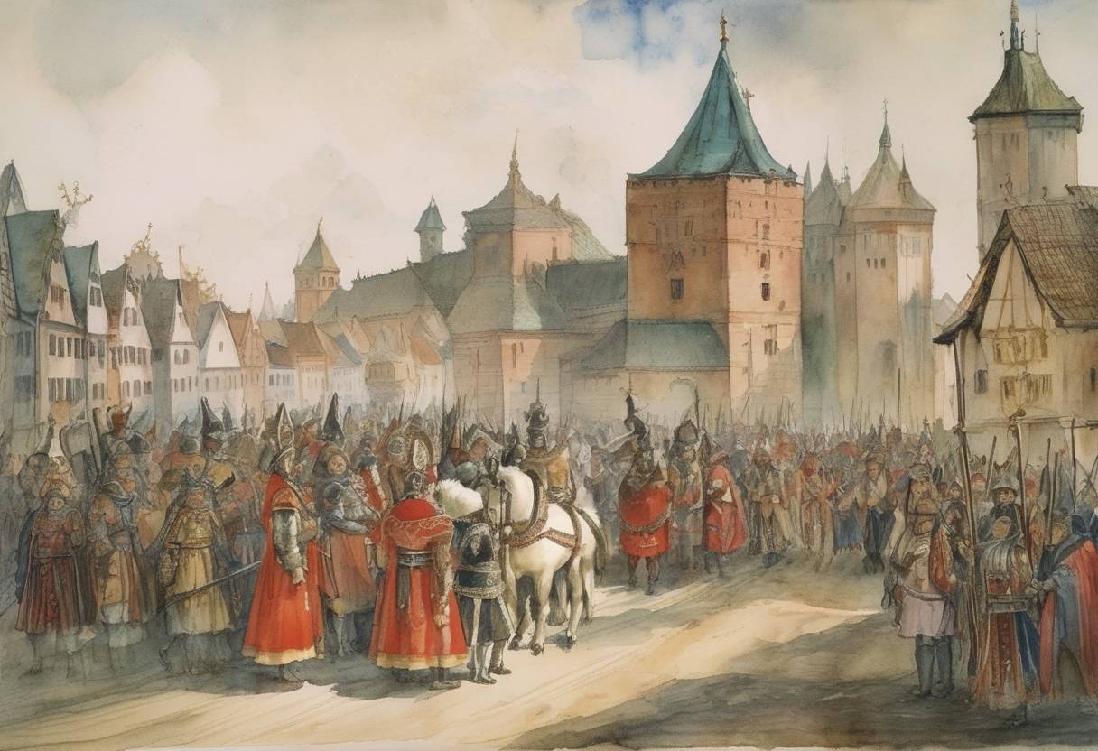 Watercolor painting based depiction of The Pomeranian city of Kolberg accepts Polish King Casimir IV Jagiellon's overlordship, marking a significant event in the regional power dynamics of the time. (1466)