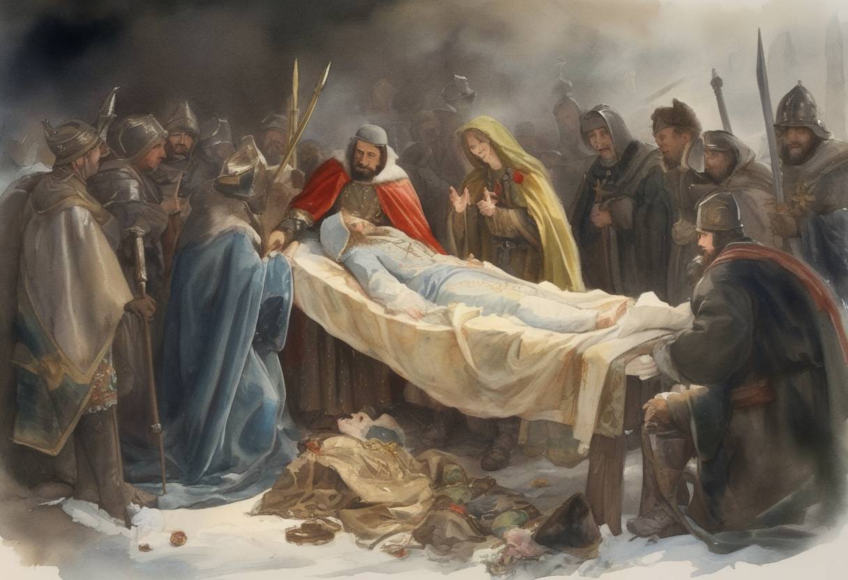 Watercolor painting based depiction of Death of Saint Wenceslas, Duke of Bohemia, who later became the patron saint of the Czech Republic. (935)