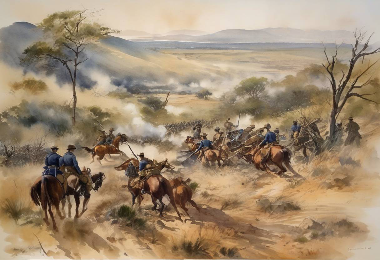 Watercolor painting based depiction of In South Africa, the Battle of Talana Hill marked one of the opening battles of the Second Boer War. (1899)