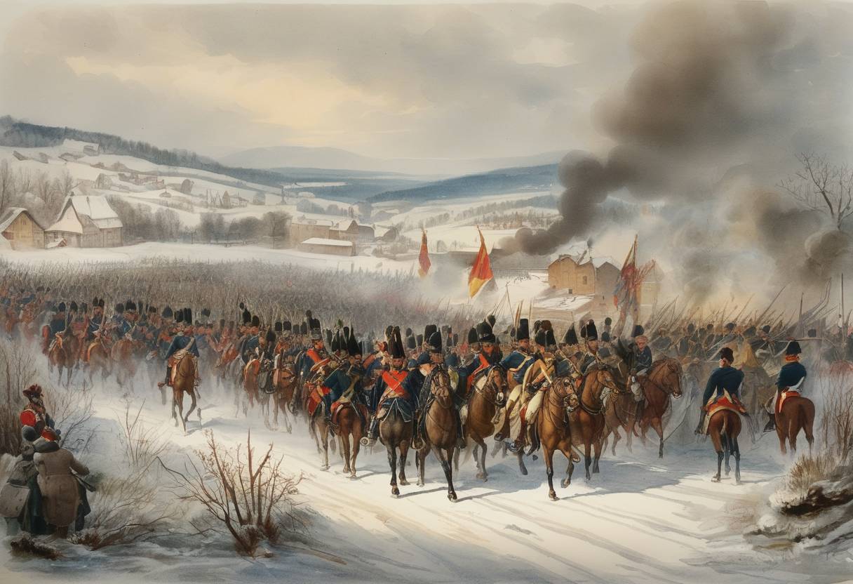 Watercolor painting based depiction of The Battle of Hohenlinden, a significant battle during the War of the Second Coalition, was fought between the French army led by Jean Victor Marie Moreau and the forces of Austria and Bavaria. (1800)