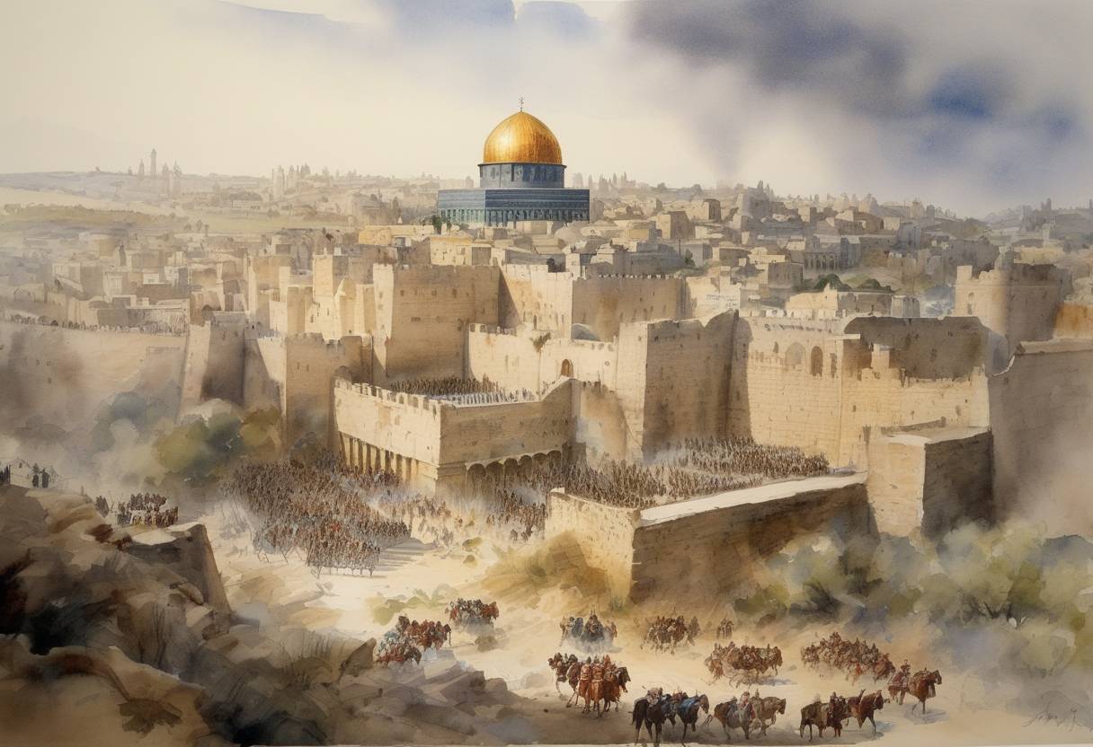 Watercolor painting based depiction of The Romans, led by the future Emperor Titus, captured and destroyed Jerusalem during the First Jewish–Roman War. This significant event resulted in the destruction of the Second Temple and marked a pivotal shift in Jewish history. (70)