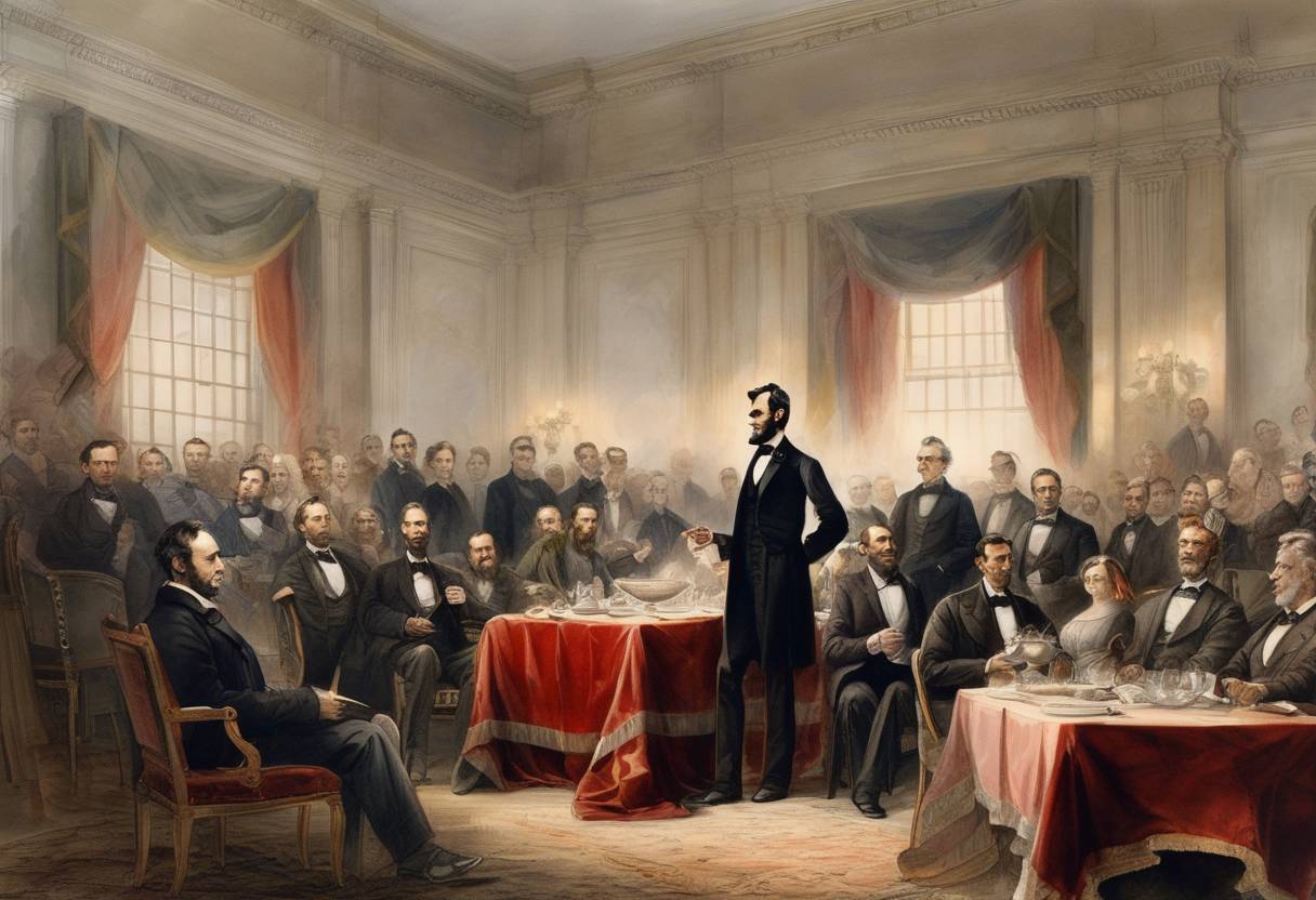 Watercolor painting based depiction of President Abraham Lincoln formally established Thanksgiving as a national holiday in the United States, proclaimed to be celebrated on the last Thursday of November. (1864)